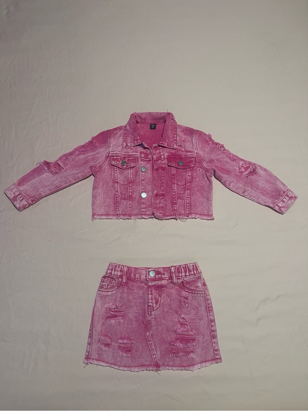Girls Pink Distressed Denim Jacket & Skirt 2-Piece Outfit Set Size 5Y